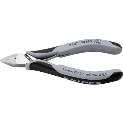 Obcinaczki boczne z czarnym i szarym uchwytem, z napisem 'Knipex', odpowiednie do przewodów miedzianych do 2,0 mm oraz twardych drutów do 0,6 mm.