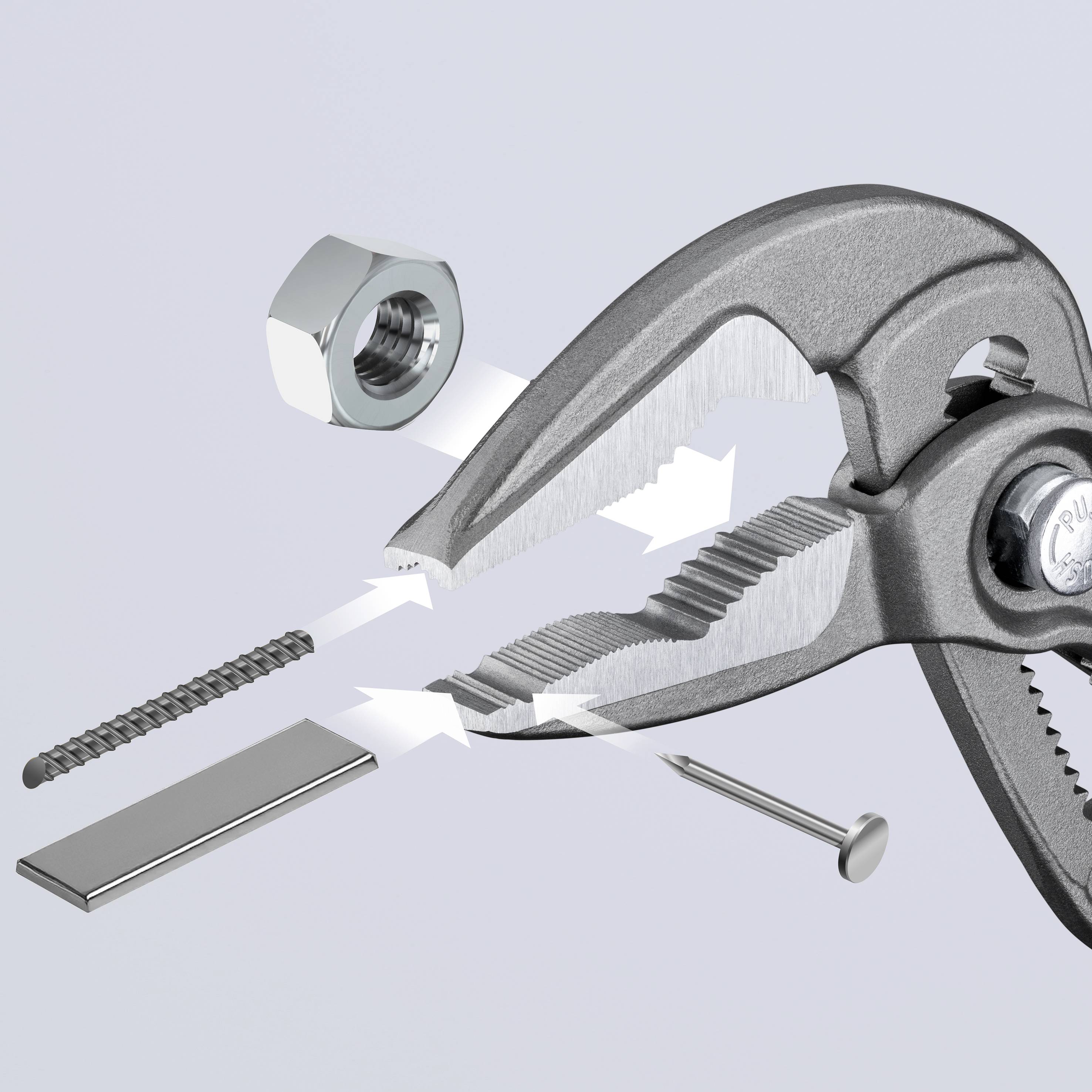 Szczypce chwytają śrubę, w tle widoczna nakrętka i metalowa podkładka.