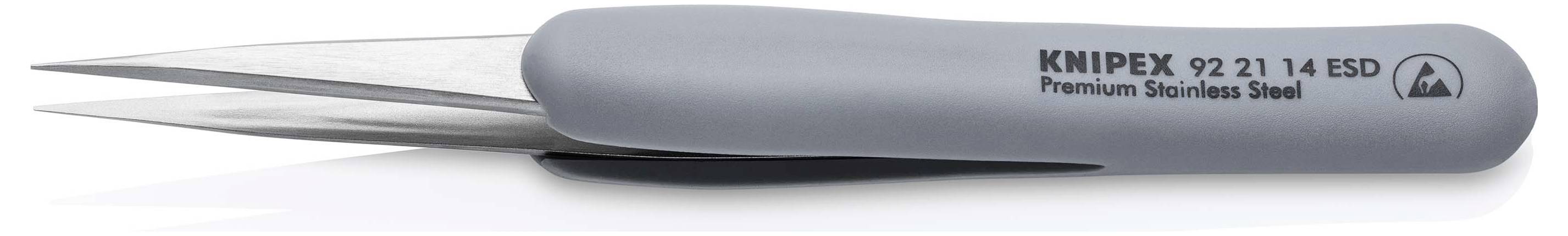 Szary uchwyt noża Knipex ze stali szlachetnej z napisem 'KNIPEX 92 21 41 ESD Premium Stainless Steel', z dwoma wystającymi ostrzami.