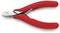 Czerwone szczypce boczne z ergonomicznymi uchwytami, używane do cięcia przewodów lub kabli. Odpowiednie do precyzyjnych prac.