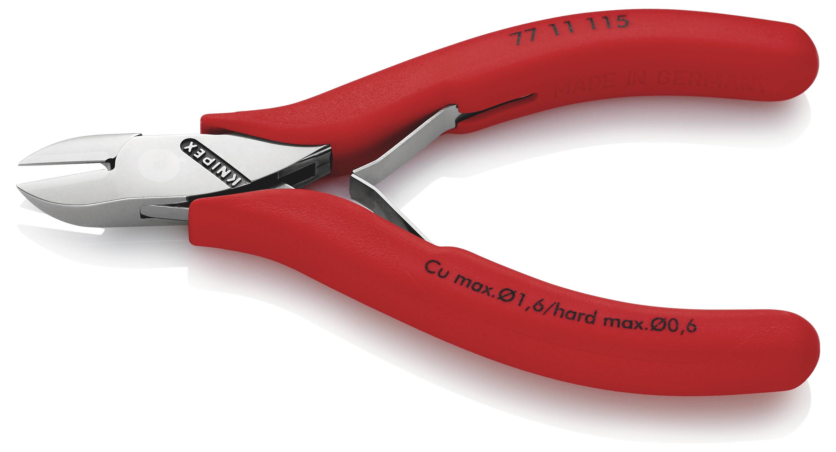 Czerwone szczypce boczne z srebrnymi ostrzami. Numer modelu '77 11 115' na rękojeści. Odpowiednie do cięcia drutu miedzianego do 1,6 mm.