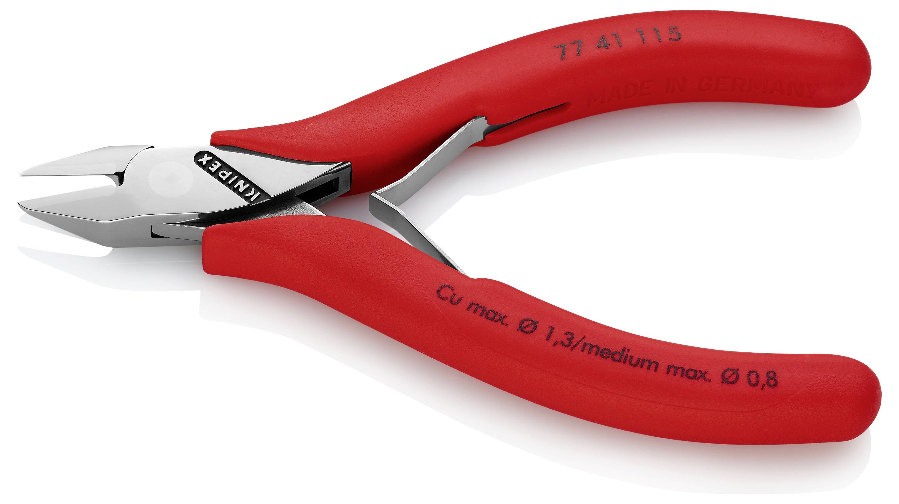 Szczypce tnące w kolorze czerwonym z srebrnymi ostrzami, odpowiednie do cięcia przewodów miedzianych o grubości do 1,3 mm.