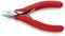 Szczypce tnące w kolorze czerwonym z srebrnymi ostrzami, odpowiednie do cięcia przewodów miedzianych o grubości do 1,3 mm.