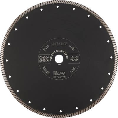 Czarna tarcza tnąca z napisem 'RHODIUS', przeznaczona do materiałów takich jak granit i beton, o średnicy 350 mm, z otworem 25,4 mm.