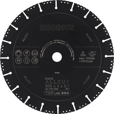 'Tarcza tnąca RHODIUS, model DG210 ALLCUT, średnica 300 mm, grubość 3,1 mm, maks. prędkość 100 m/s, odpowiednia do stali.'