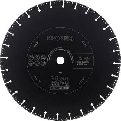 Okrągła czarna tarcza separacyjna diamentowa z napisem 'RHODIUS ALLCUT', rozmiar 400 x 3,3 mm, maksymalna prędkość obrotowa 4800 obr./min.