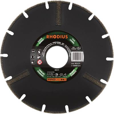 Okrągła tarcza ceramiczna z segmentami, nazwa handlowa 'RHODIUS'. Średnica: 115 mm, grubość: 2,2 mm. Maksymalna prędkość obrotowa: 13.300 obr./min.