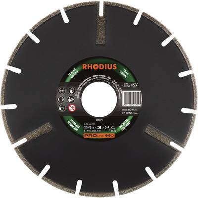Tarcza tnąca RHODIUS Pro Line DG25 do płytek ceramicznych, średnica 125 mm, wysokość 8 mm, maks. prędkość 80 m/s, do szlifierki kątowej; czarna z srebrnymi segmentami.