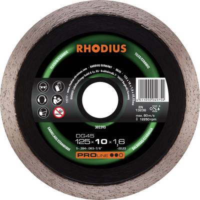 'RHODIUS tarcza tnąca', odpowiednia do płytek ceramicznych, średnica 125 mm, grubość 1,6 mm. Nadruk wskazuje wskazówki bezpieczeństwa i użytkowania.
