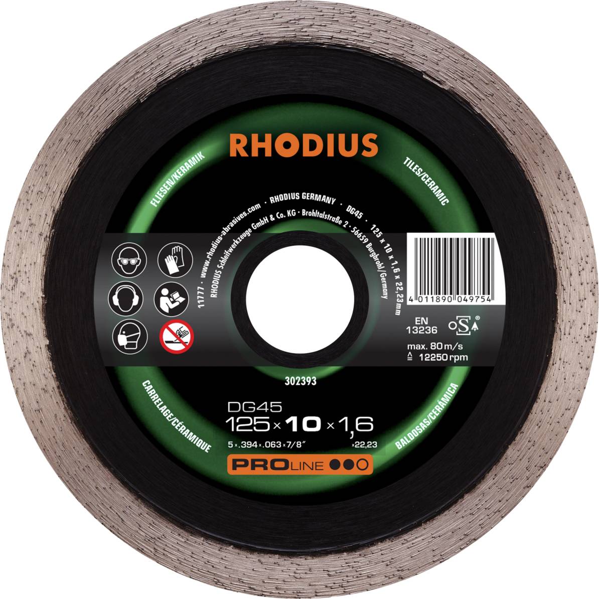 Tarcza diamentowa 'RHODIUS DG45', średnica 125 mm, grubość 10 mm, odpowiednia do płytek i ceramiki, maksymalna prędkość 80 m/s.
