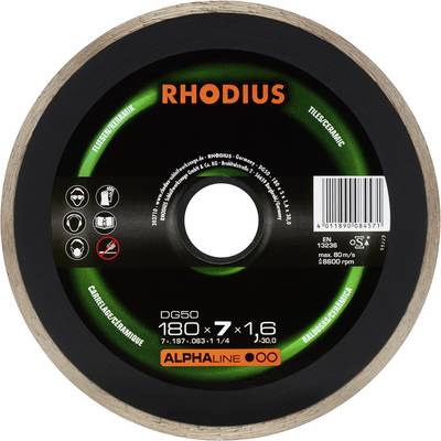 Tarcza tnąca 'RHODIUS', 180 x 7 x 1,6 mm, odpowiednia do płytek/ceramiki, z kodem kreskowym i informacjami o produkcie na czarnym tle.