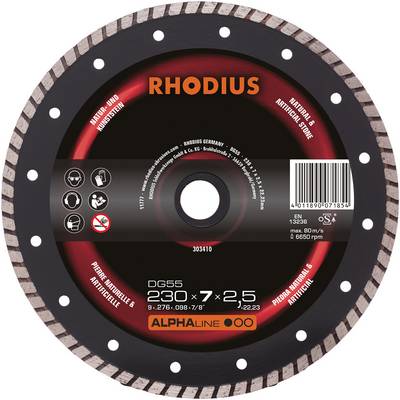 Tarcza tnąca RHODIUS DG55, o średnicy 230 mm, przeznaczona do betonu i kamienia naturalnego. Czerwony środek z technicznymi specyfikacjami i logotypami.