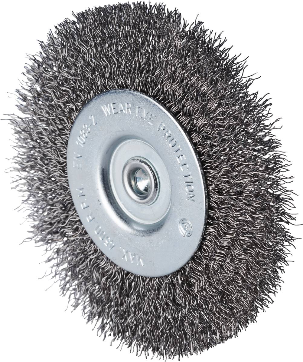 Szczotkowe koło druciane ze stalowym rdzeniem metalowym, stosowane w obróbce metali do czyszczenia powierzchni lub usuwania rdzy.
