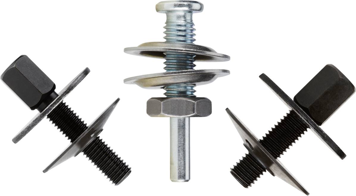 Trzy śruby w różnych konfiguracjach przedstawiają system mocowania. Jedna śruba jest w środku wyposażona w podkładki.