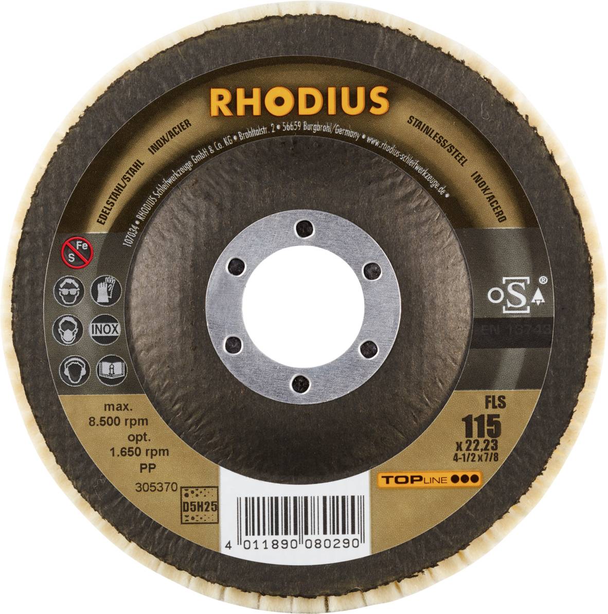 Tarcza szlifierska 'RHODIUS' do stali nierdzewnej. Maks. 8.500 obr./min, średnica 115 mm, odpowiednia do obróbki wykańczającej.