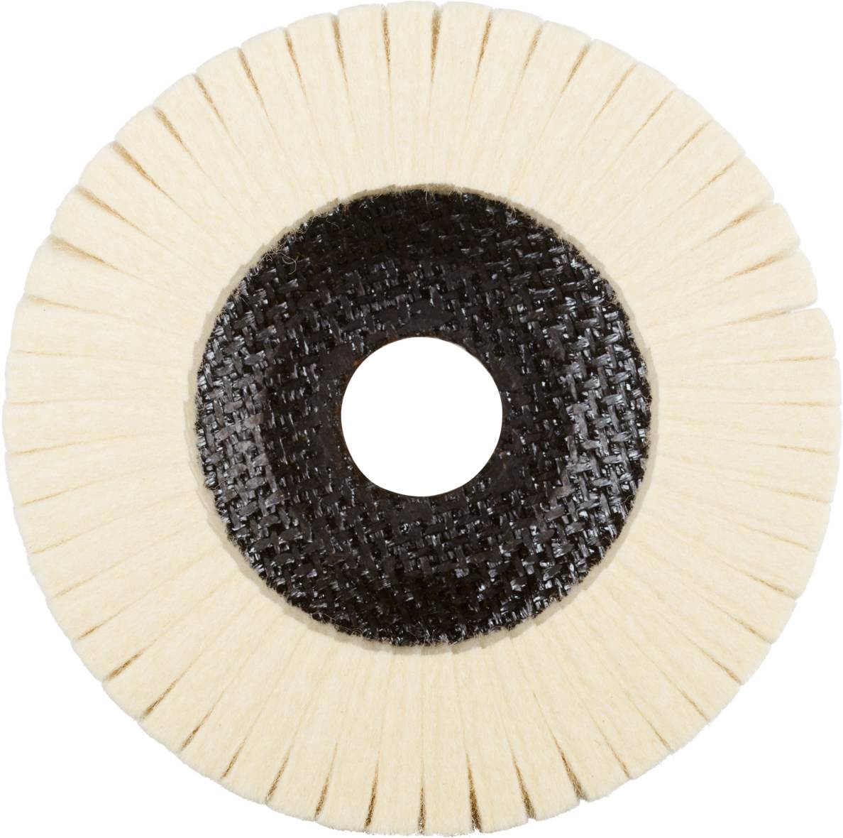 Beżowy nakładka ścierna z okrągłą, strukturyzowaną środkową częścią i promieniście ułożonymi włóknami. Używany do procesów polerowania i czyszczenia.