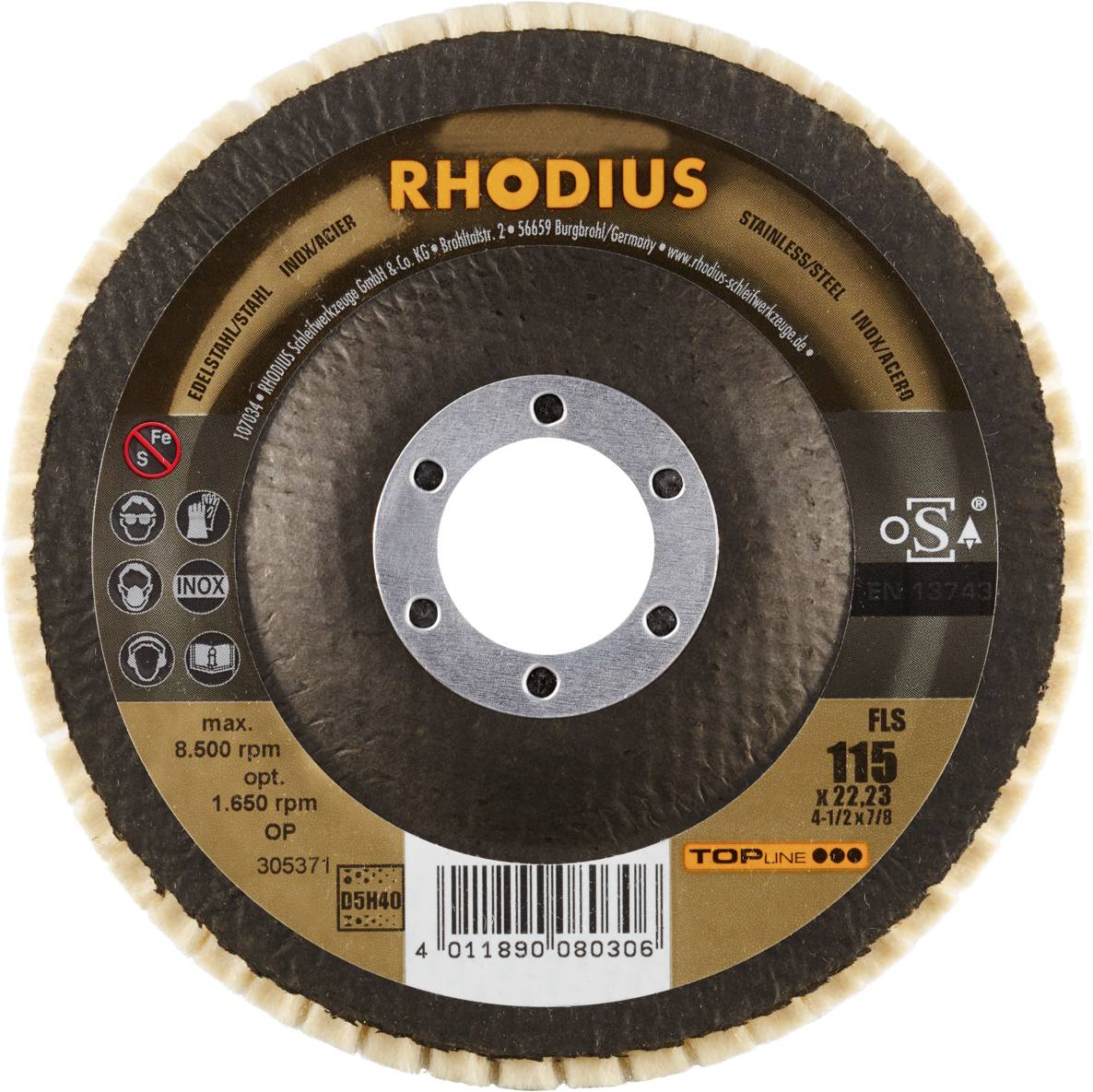 Tarcza ścierna 'RHODIUS', średnica 115 mm, do stali nierdzewnej, maksymalna prędkość obrotowa 8.500 obr./min, symbole informacyjne i dane producenta widoczne.