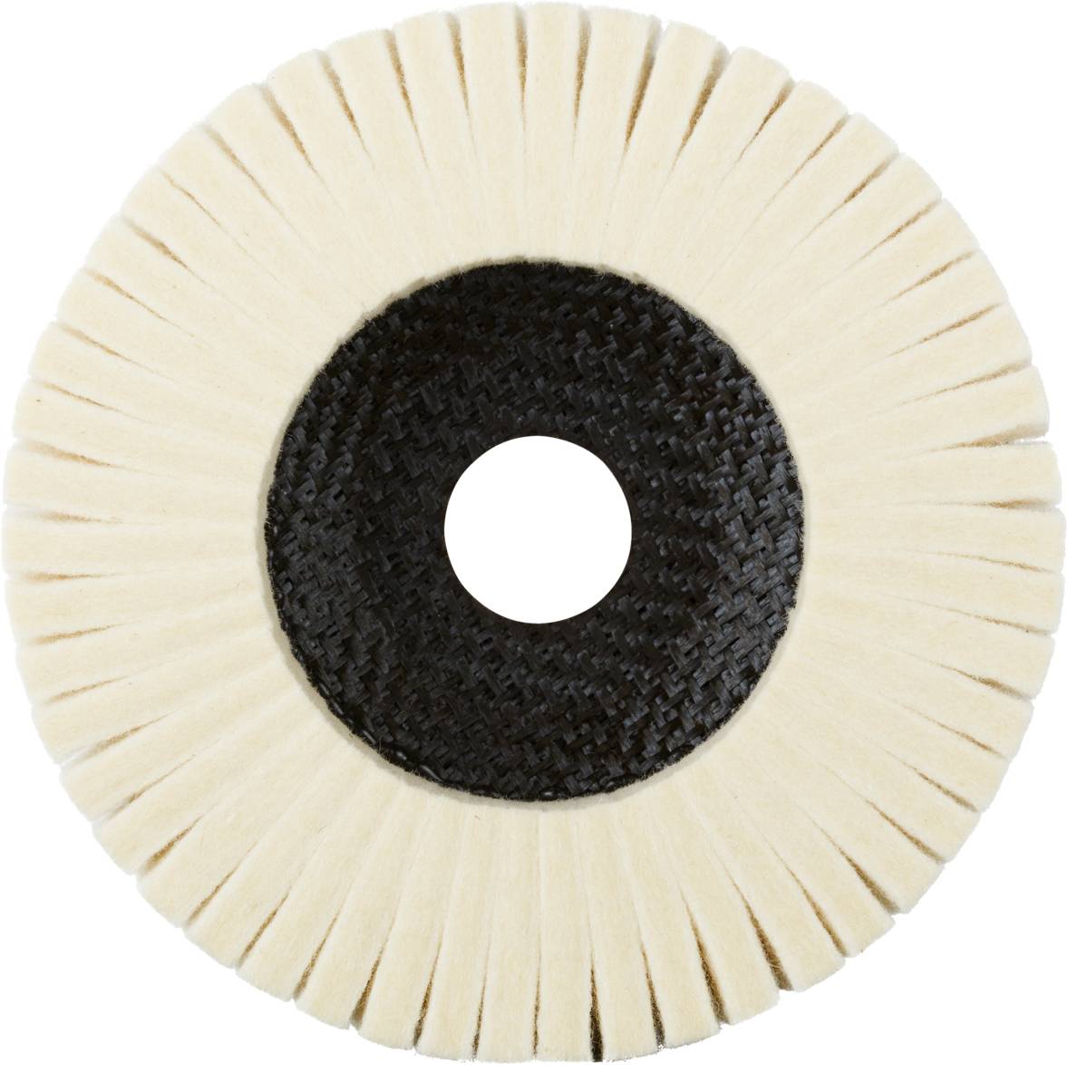 Okrągła, kremowa nakładka polerska z czarnym środkiem.