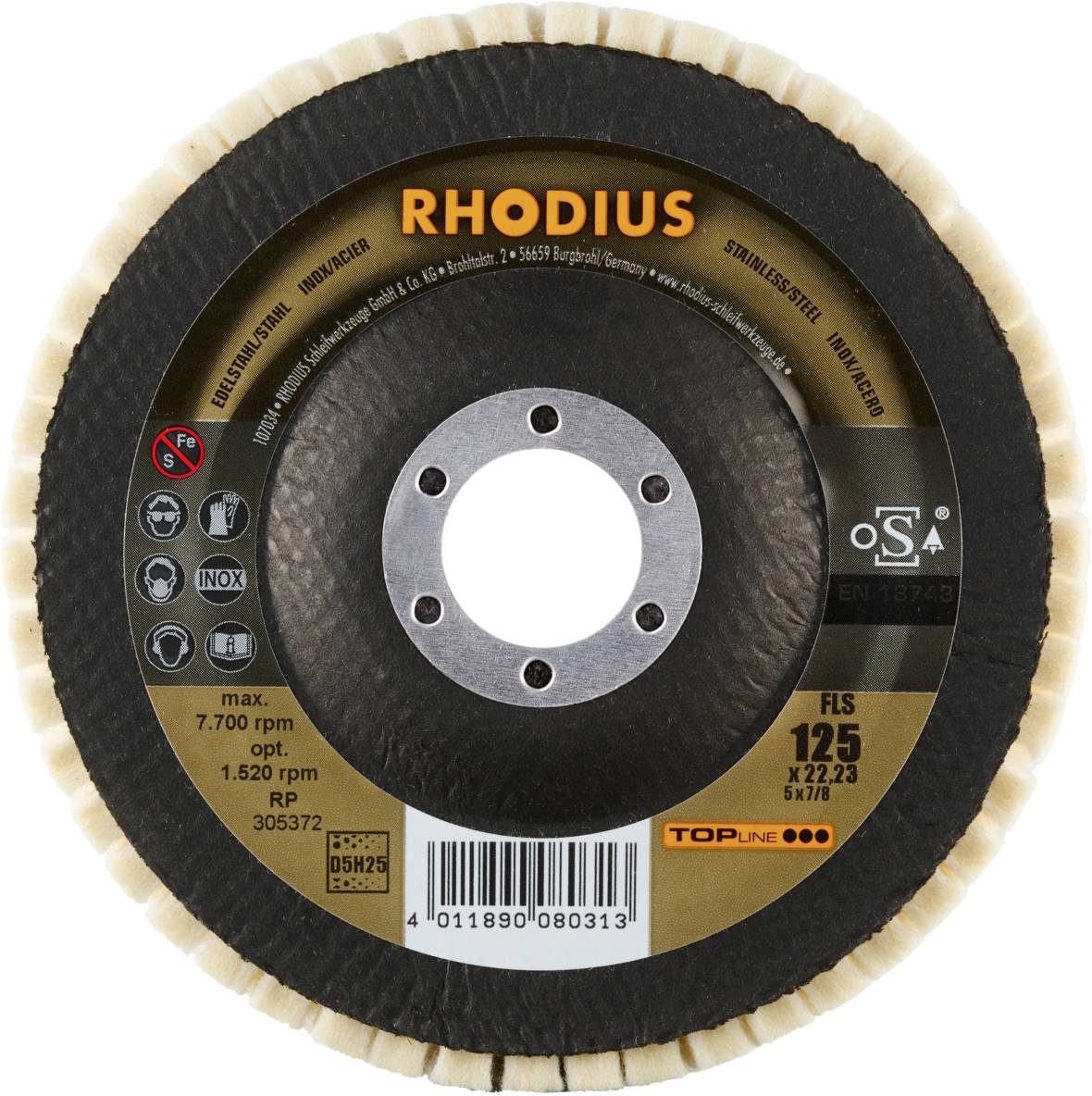 Tarcza szlifierska z napisem 'RHODIUS'. Prezentuje specyfikacje techniczne takie jak '125 x 22,23 mm', 'maks. 12.200 obr./min', oraz 'FLS TOPLINE'.