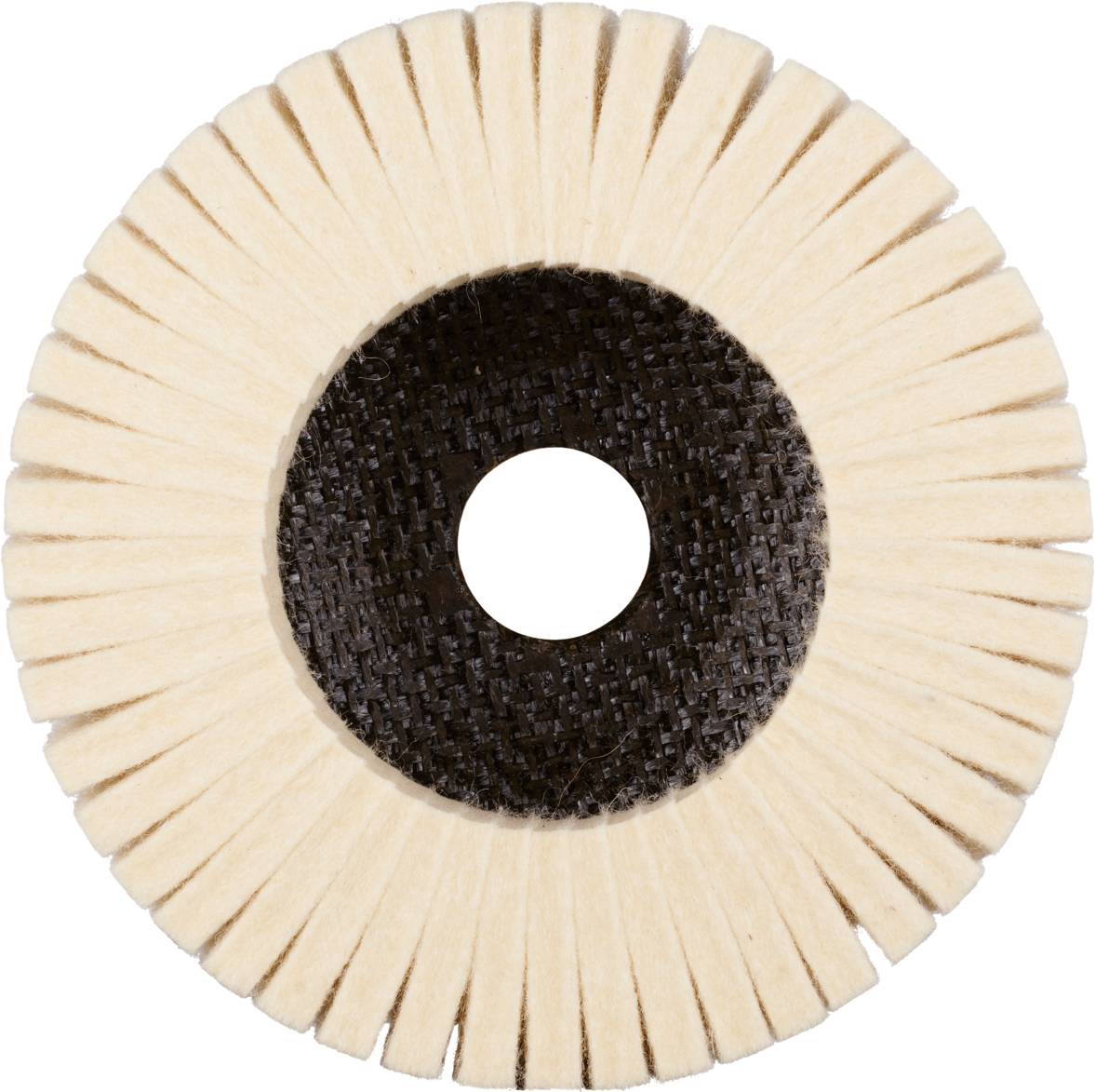 Okrągła tarcza polerska z filcu z centralnym otworem, odpowiednia do polerowania metali i powierzchni.