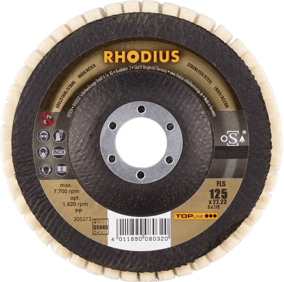Tarcza szlifierska z napisem 'RHODIUS', odpowiednia do stali nierdzewnej. Maksymalnie 7700 obr./min, średnica 125 mm.