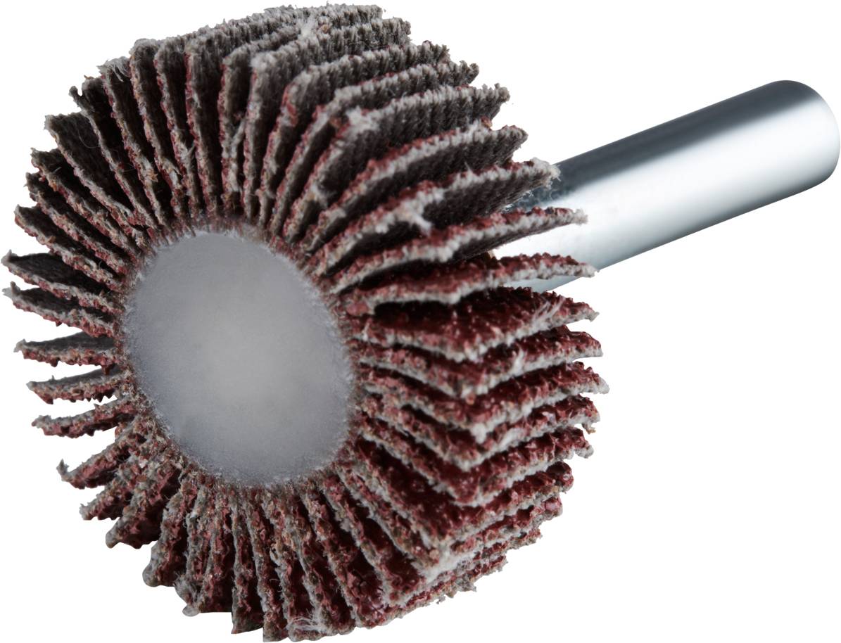 Zbliżenie tarczy szlifierskiej z lamelkami, stosowanej do precyzyjnych prac i obróbki powierzchni. Przymocowana do uchwytu Ona Stiel.