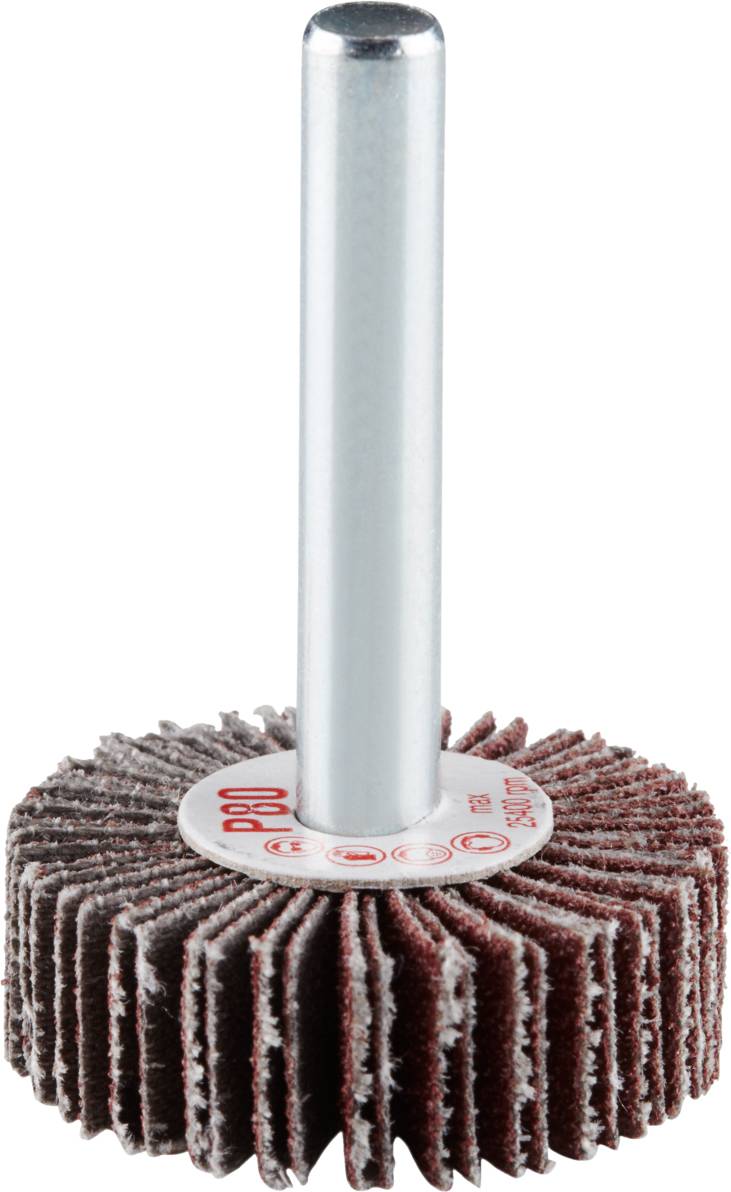 Nasadka szlifierska z lamelkami ściernymi na metalowym trzpieniu, odpowiednia do wiertarek i wygładzania powierzchni.