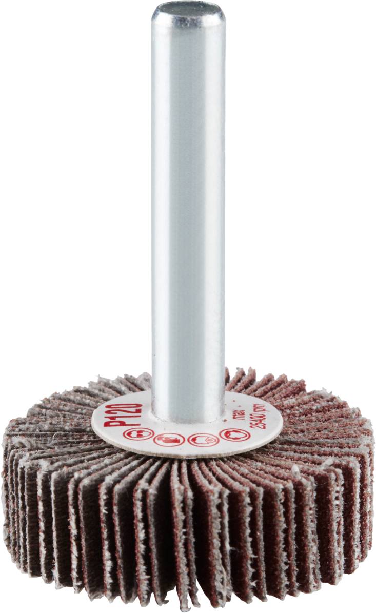 Narzędzie szlifierskie z czerwono-brązowymi lamelkami na metalowym pręcie, używane do wygładzania i polerowania powierzchni w rzemiośle lub przemyśle.