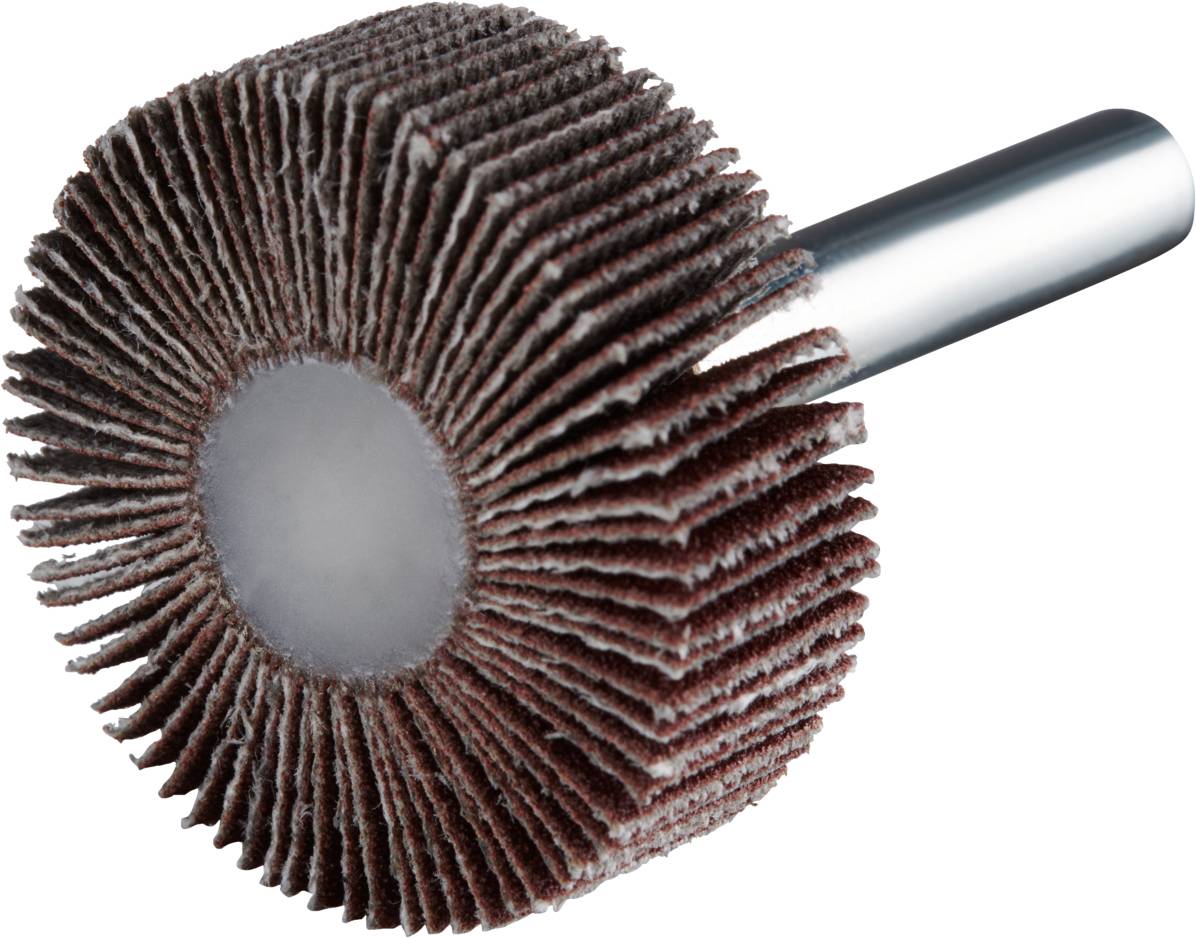 Lamelkowe koło szlifierskie z metalowym trzonkiem, rozmieszczone w brązowo-czerwonej wachlarze, służy do szlifowania i polerowania powierzchni.