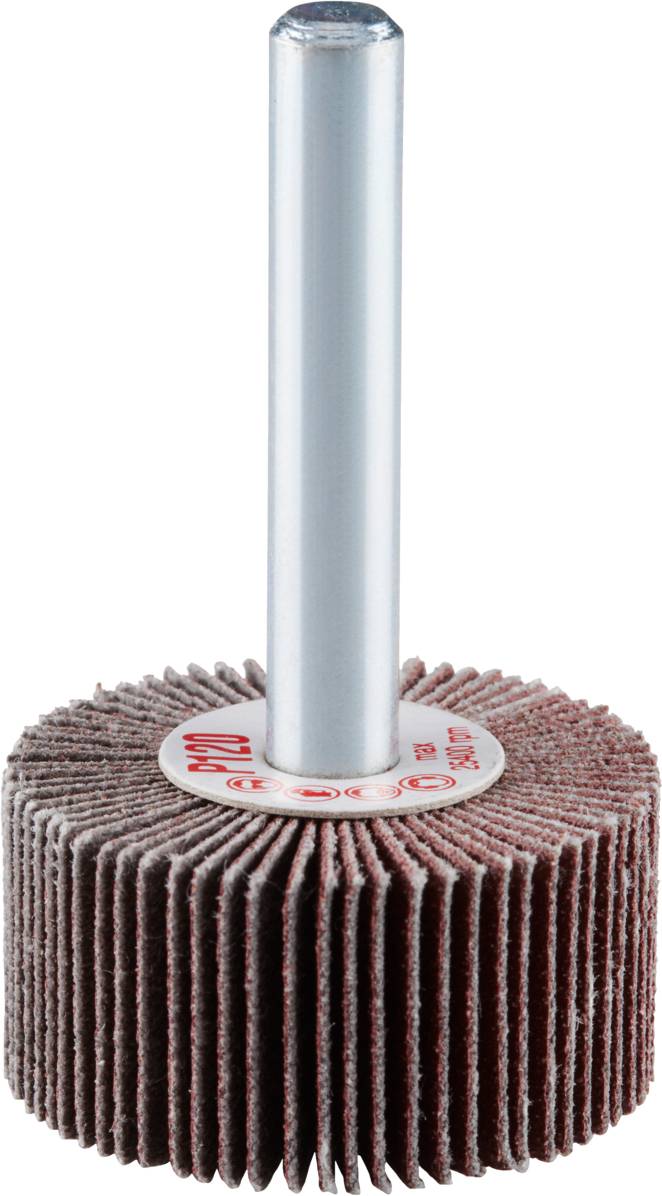 Brązowo-czerwona szczotka lamelkowa z srebrnym uchwytem, odpowiednia do precyzyjnego szlifowania i polerowania.