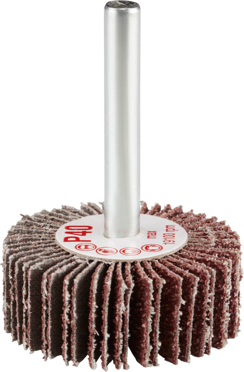 Mop szlifierski z metalowym trzonkiem, składający się z nawarstwowych arkuszy ściernych do polerowania i szlifowania materiałów.