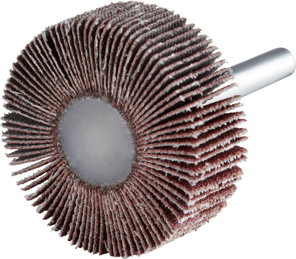 Czerwonobrązowa tarcza szlifierska w kształcie koła z metalowym trzpieniem, używana do polerowania lub szlifowania powierzchni.