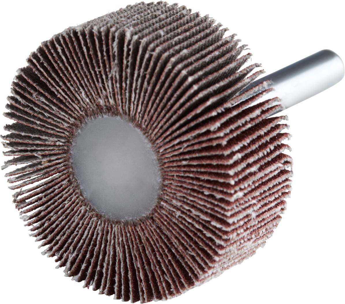 Tarcza lamelkowa z metalowym trzpieniem, stosowana do obróbki powierzchni i polerowania materiałów.