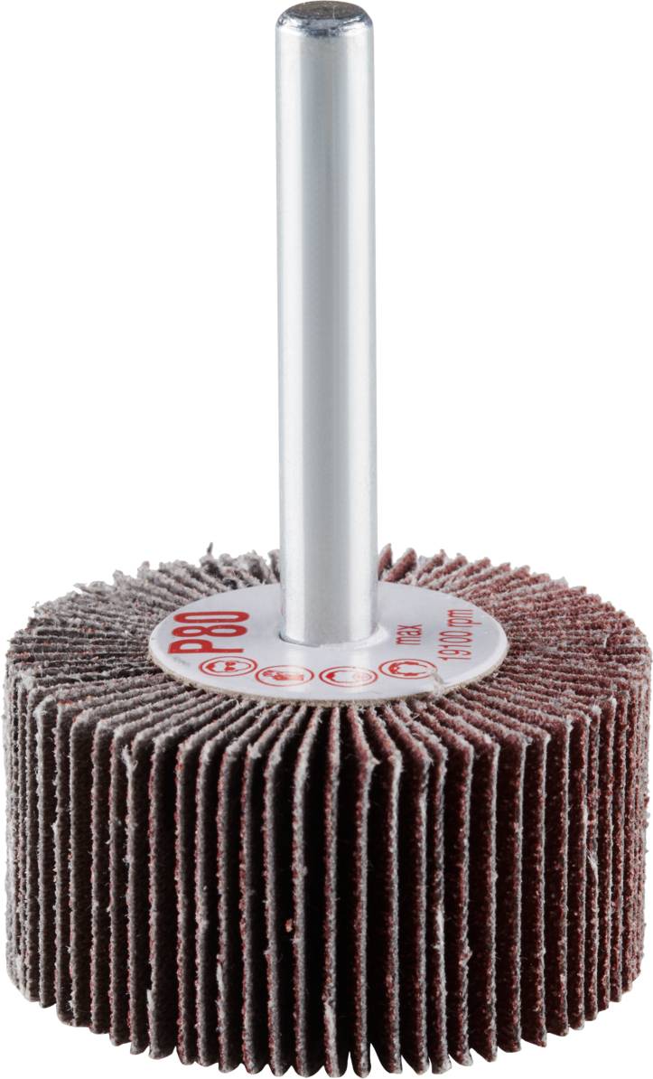Nasadka szlifierska lamelowa, cylindryczna, z metalowym uchwytem; do obróbki powierzchni.