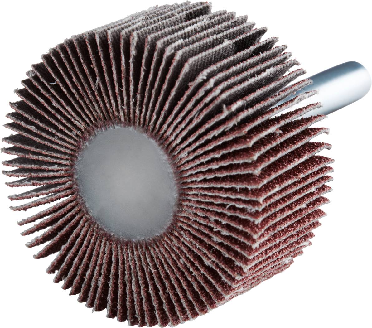 Nasadka szlifierska z wachlarzowo rozmieszczonymi listkami ściernymi i metalowym trzpieniem do maszyn, przydatna do polerowania lub wygładzania powierzchni.
