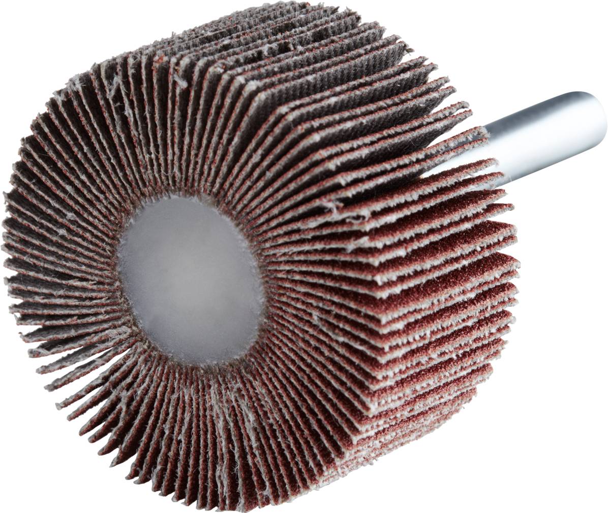 Czerwonobrązowy szczotko-tarcza szlifierska z cylindrycznym metalowym uchwytem, stosowana do szlifowania powierzchni w obrabiarkach.