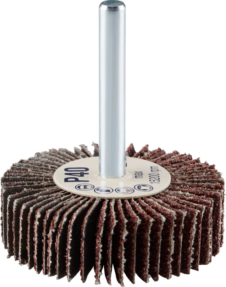 'Głowica szlifierska trzyszczękowa z ziarnistością P40 i prętem metalowym, odpowiednia do szlifowania powierzchni drewnianych lub metalowych.'