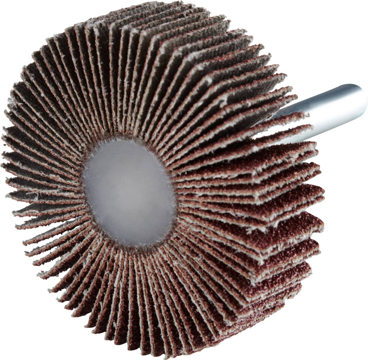 Narzędzie szlifierskie Flap-Wheel z radialnie rozmieszczonymi płatkami ściernymi i metalowym trzpieniem do zamocowania w urządzeniu szlifierskim.