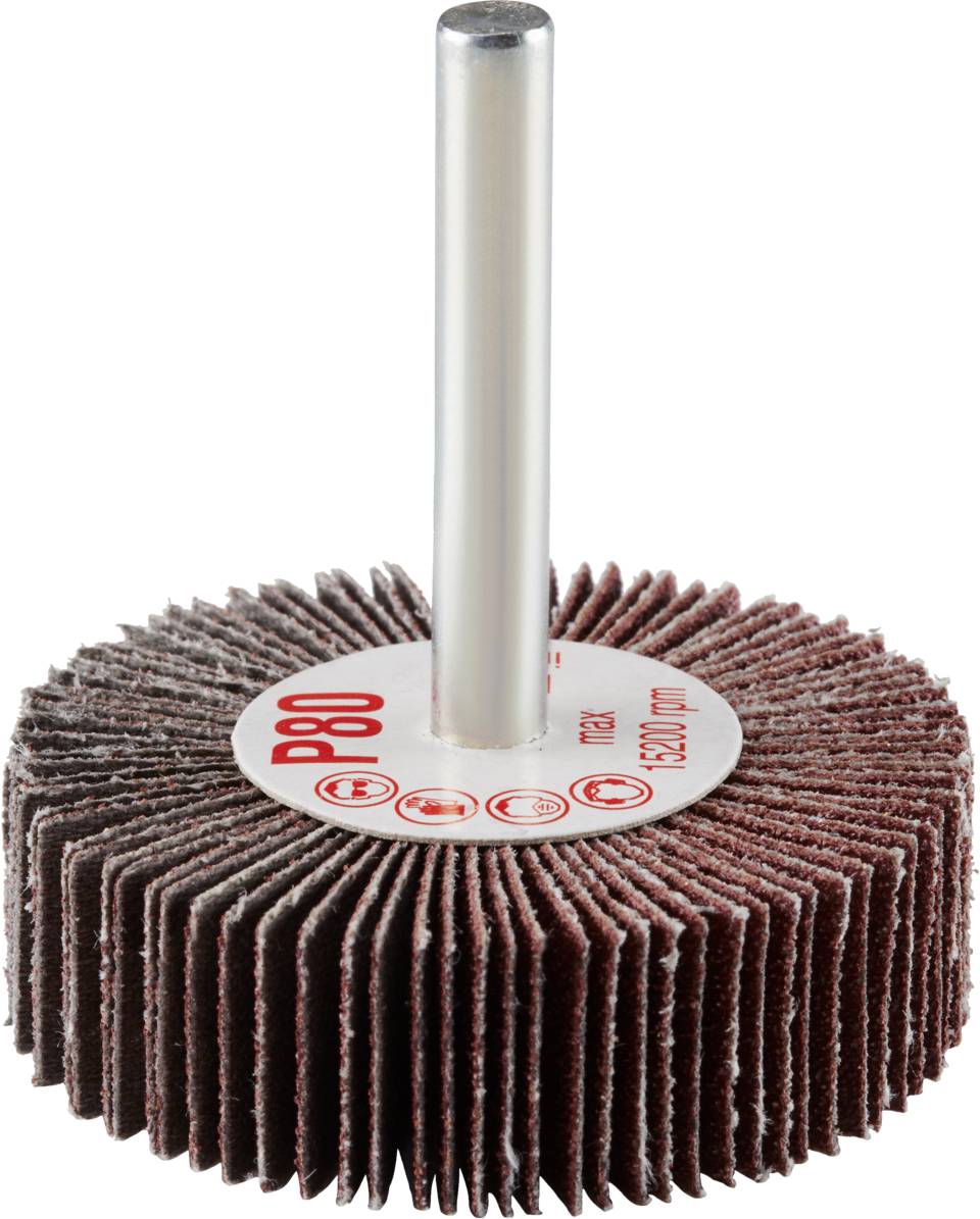 Krążek lamelkowy z bolcem metalowym, ziarnistość P80, o wymiarach Ø 125x20 mm, odpowiedni do prac polerskich i obróbki powierzchniowej.