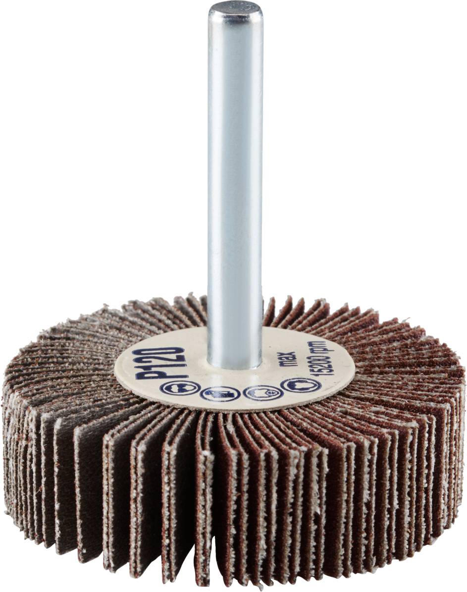 Głowica szlifierska o strukturze lamelowej, odpowiednia do szlifowania i polerowania. Srebrny trzpień z brązowymi powierzchniami szlifierskimi.