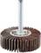 Głowica szlifierska o strukturze lamelowej, odpowiednia do szlifowania i polerowania. Srebrny trzpień z brązowymi powierzchniami szlifierskimi.