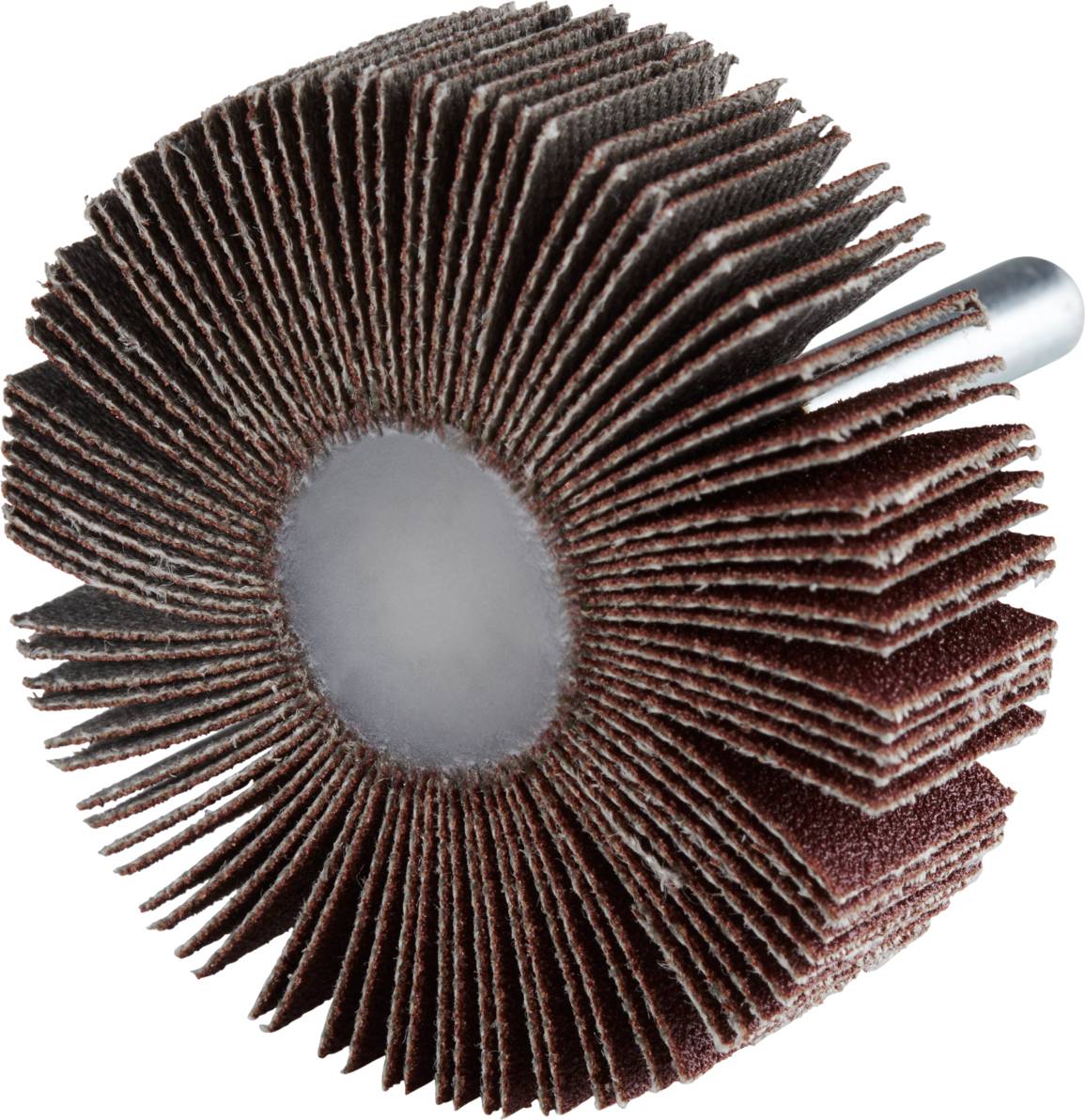 Czerwonobrązowa tarcza szlifierska z wieloma lamelkami do wiertarki lub szlifierki kątowej.