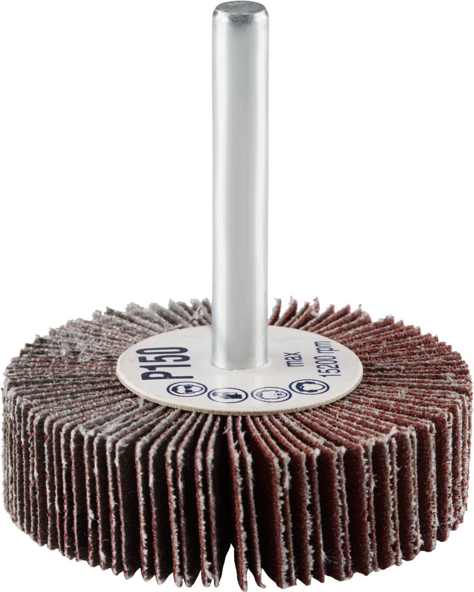 Narzędzie szlifierskie z okrągłą główką i ścieralnymi lamelkami, zamontowane na metalowym trzonie, przeznaczone do prac szlifierskich i polerskich.