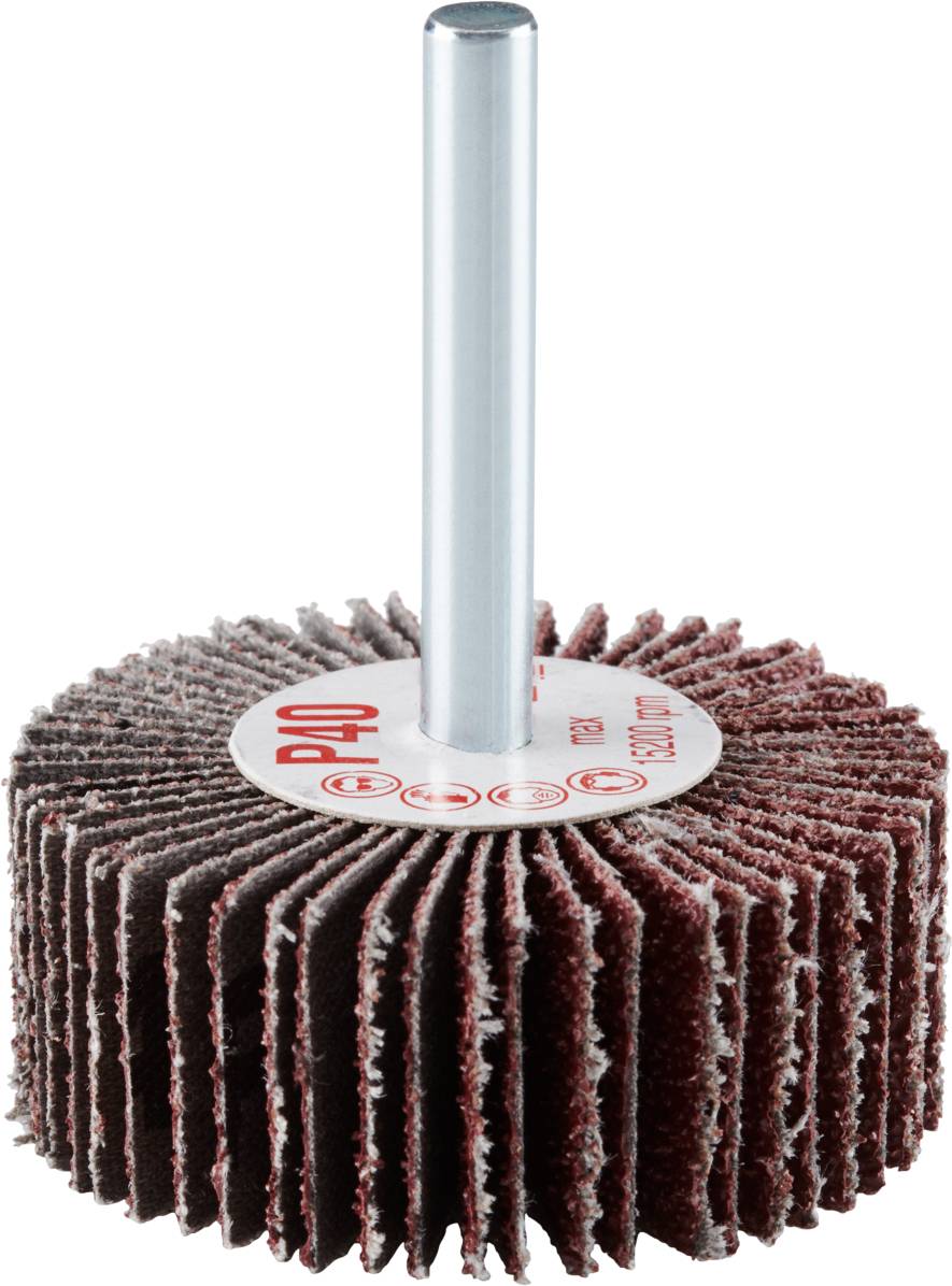 Nasadka szlifierska z okrągłymi tarczami ściernymi i metalowym prętem, odpowiednia do użycia w wiertarkach. Oznaczona symbolem 'P40', wskazuje na gruboziarnistość.