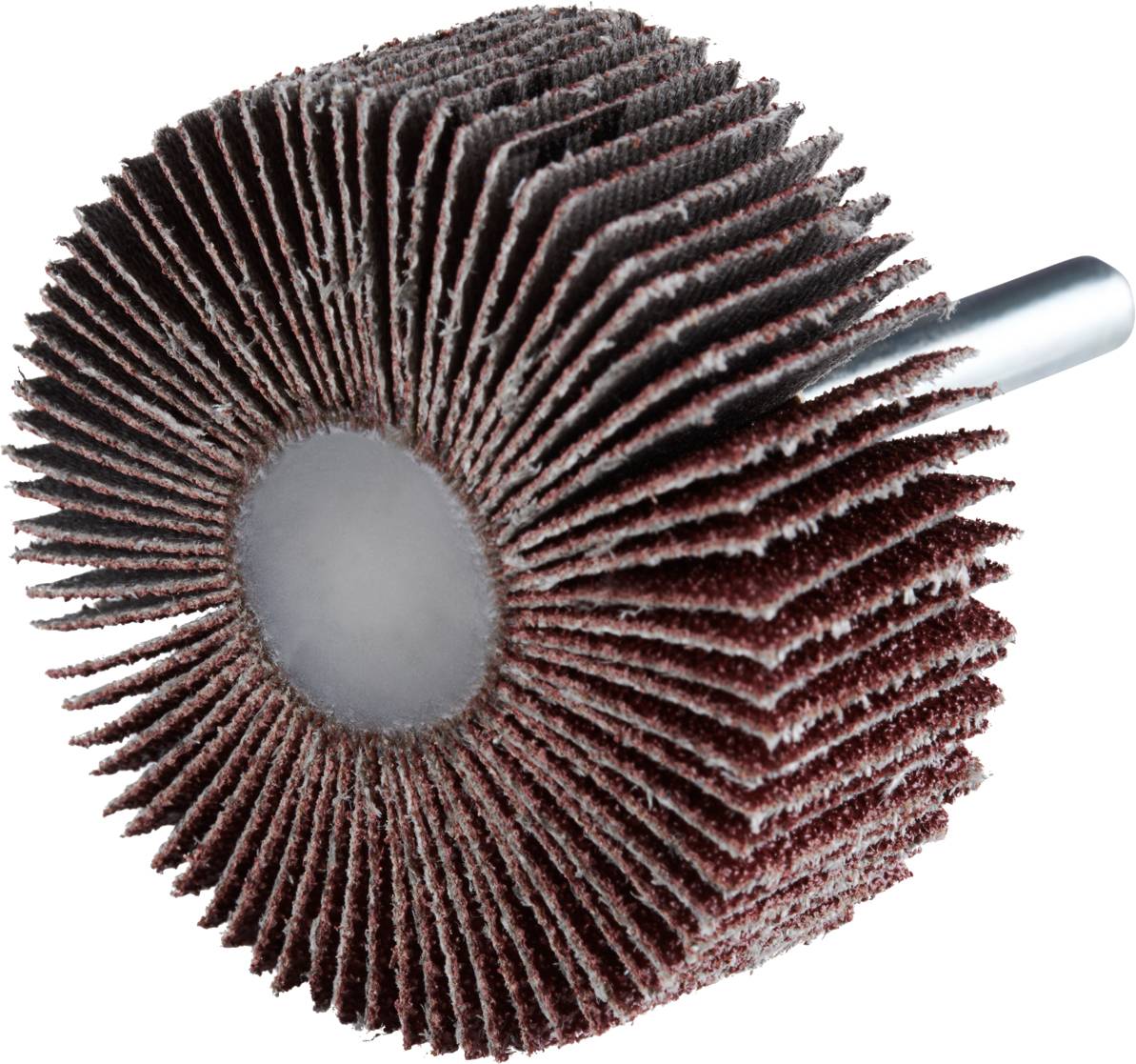 Nakładka szlifierska z licznymi promieniście rozmieszczonymi lamelkami z papieru ściernego, zamontowana na okrągłym metalowym pręcie.