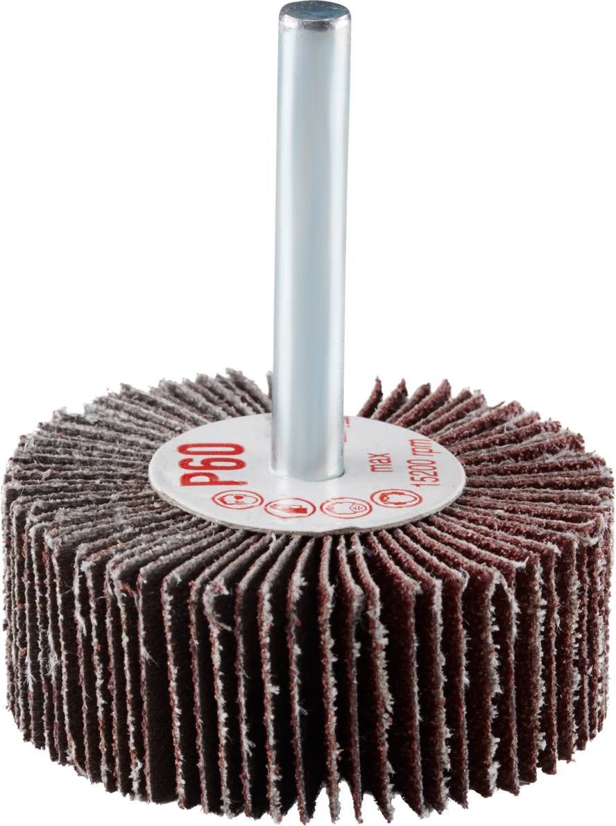 Tarcza lamelkowa ze wspornikiem, ziarnistość P60, przeznaczona do użycia na wiertarkach do obróbki powierzchni metalu i drewna.