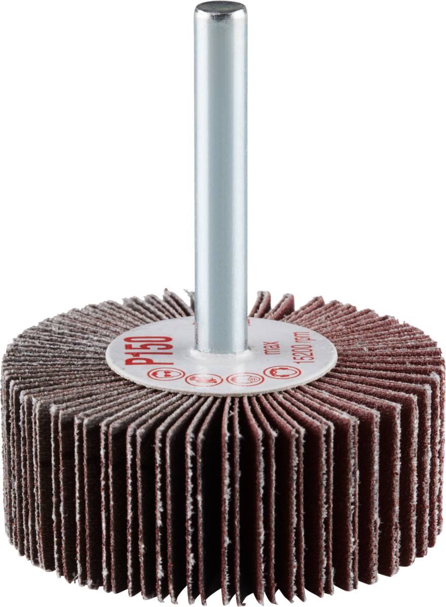 Mop szlifierski z metalowym trzonkiem, o okrągłym kształcie i kilku czerwonymi lamelkami ściernymi, przeznaczony do obróbki powierzchni i prac polerskich.