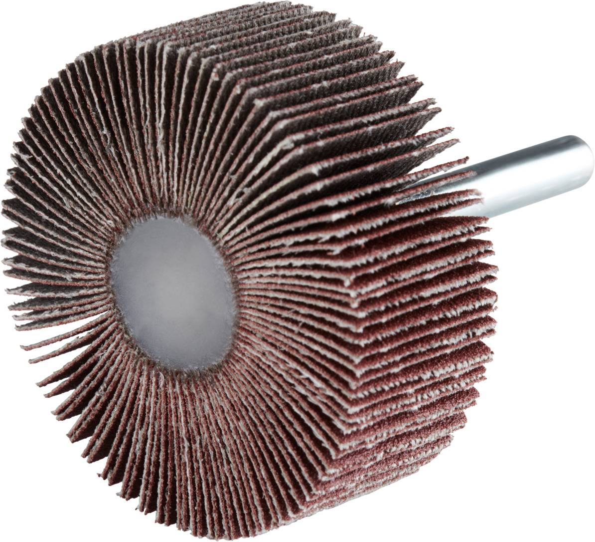 Czerwonobrązowa tarcza lamelkowa z metalowym mocowaniem, używana jest do szlifowania i polerowania powierzchni.