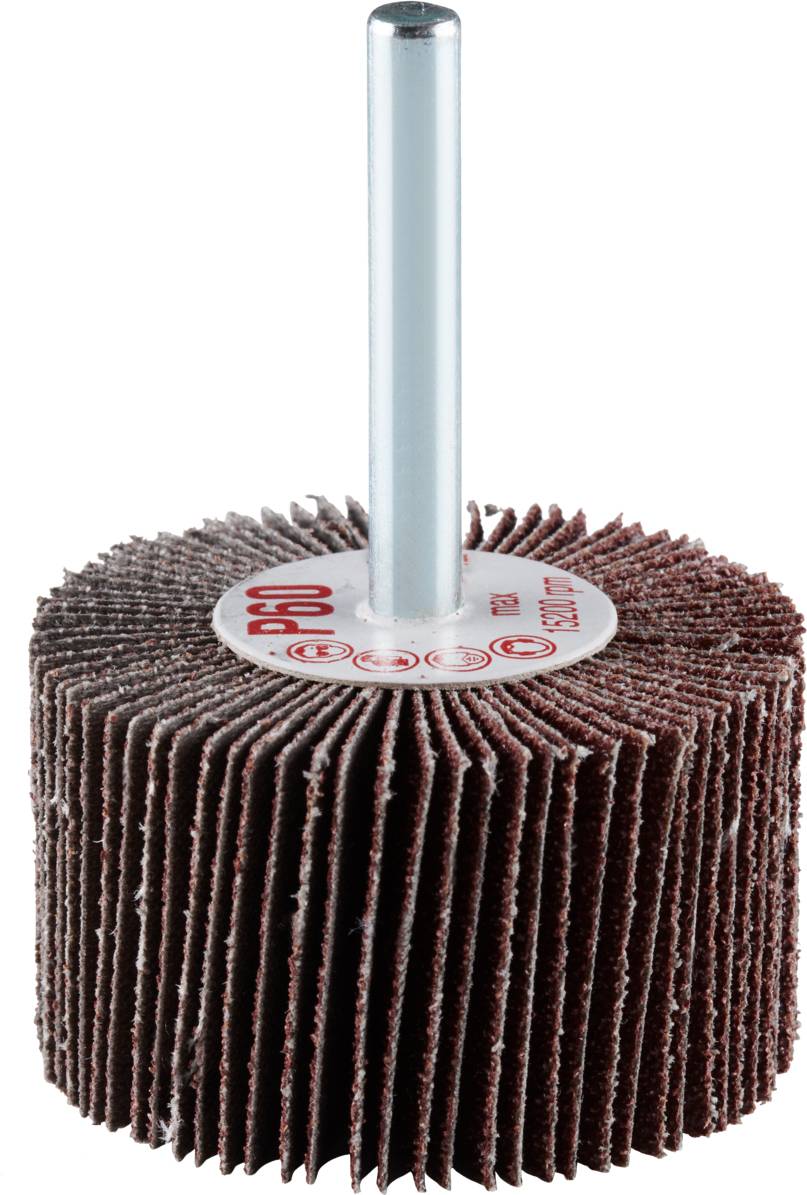 Mop szlifierski z cylindrycznym metalowym trzpieniem, odpowiedni do obróbki i polerowania powierzchni, stosowany w obróbce metali i drewna.