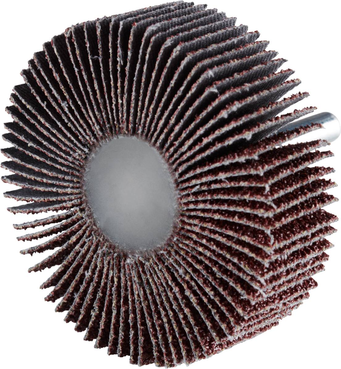 Mop szlifierski z wieloma warstwami materiału ściernego, zamontowany na czerwonym krążku, przeznaczony do obróbki powierzchni metalowych.